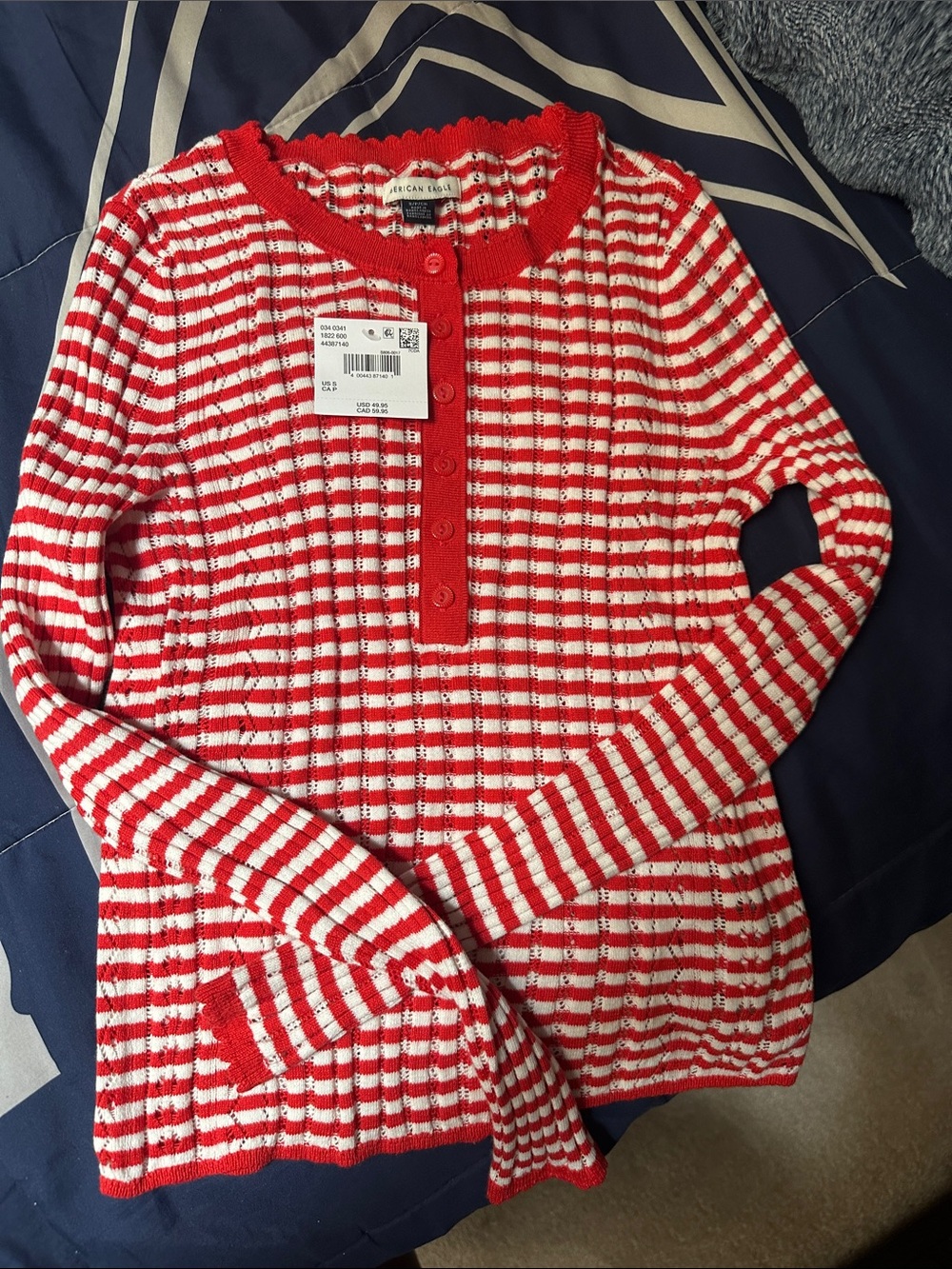 American Eagle Outfitters Red & White Striped Knit Henley Sweater